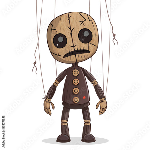 Create a vector illustration of a realistically rendered, cursed marionette with a sinister grin, tattered clothes, and visible stitching.