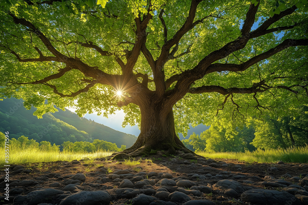 Fototapeta premium Giant Oak Tree with Stunning Sunlight in the Background
