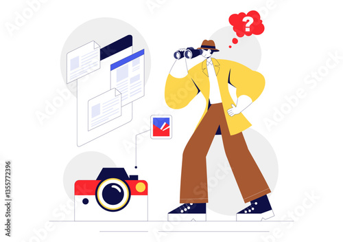 Private Investigator Illustration Featuring Detective Services with Magnifier, Binoculars, Photo Camera and Newspaper Articles for Crime Investigation