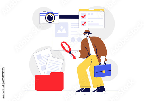 Private Investigator Illustration Featuring Detective Services with Magnifier, Binoculars, Photo Camera and Newspaper Articles for Crime Investigation
