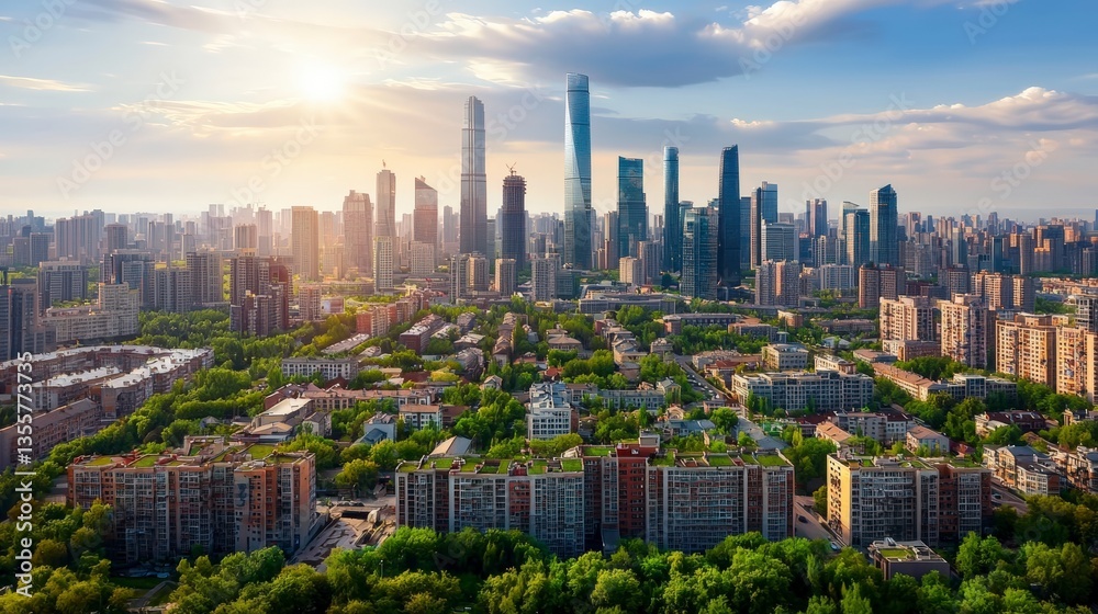 Obraz premium Stunning Cityscape Modern Skyscrapers Lush Greenery at Sunset