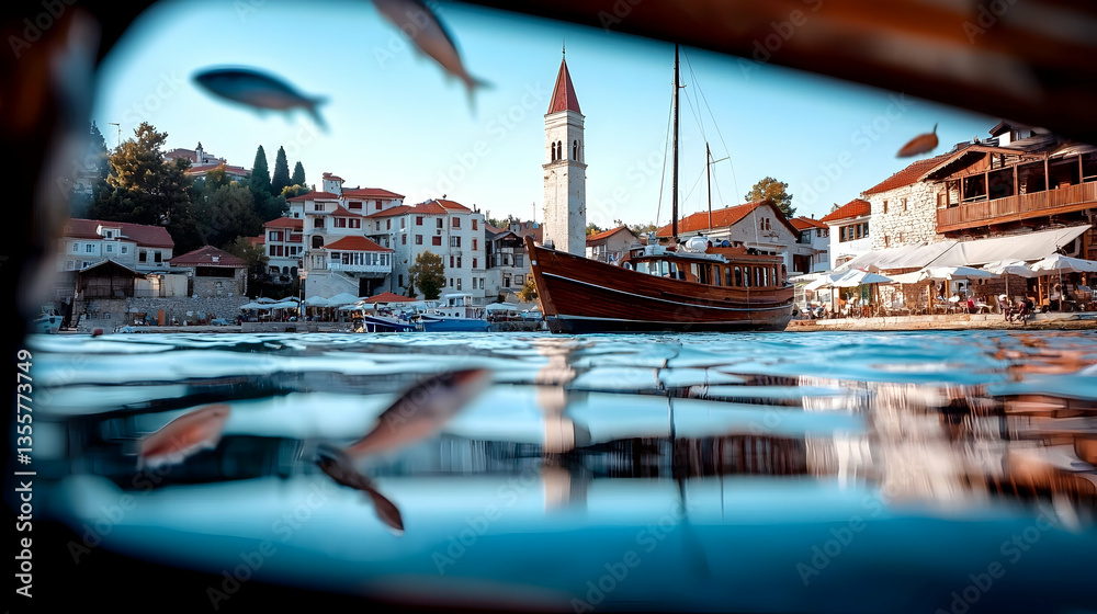 Obraz premium Underwater View Of Fish Swimming Near A Wooden Boat Docked In A Picturesque Coastal Town