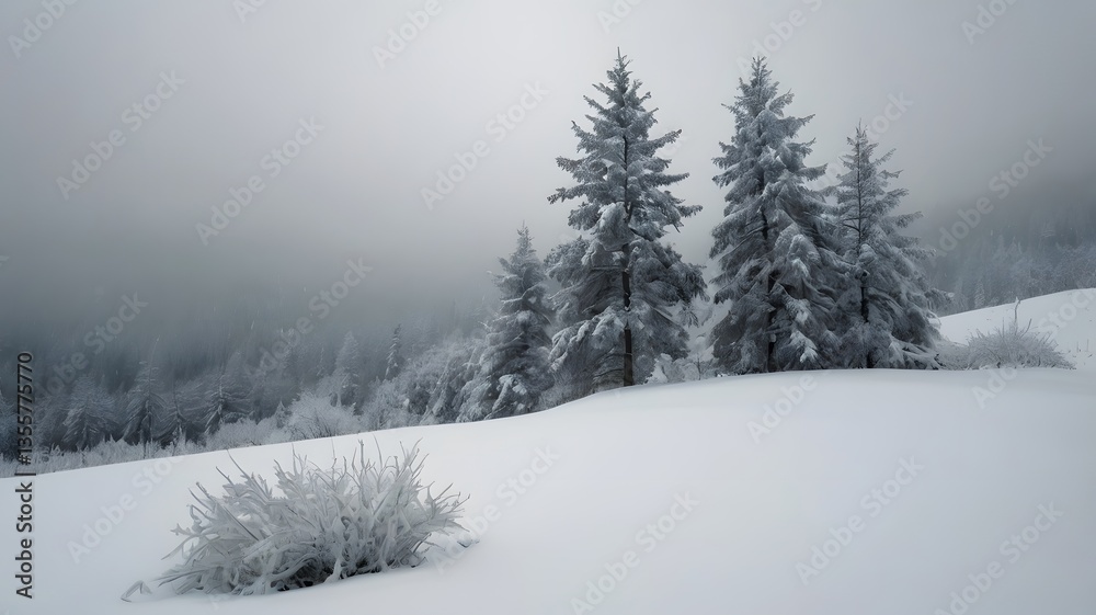 Fototapeta premium Snowy Winter Landscape Foggy Forest Snow Covered Trees