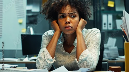 An overwhelmed Black woman sits at her desk in a dimly lit office, looking stressed.