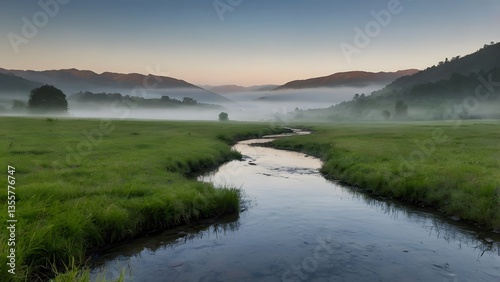 Serene Sunrise  Misty Mountain River Landscape