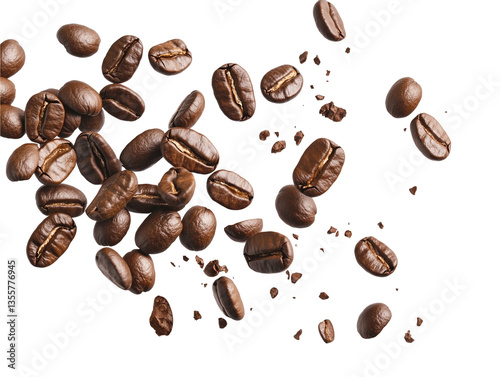 Roasted coffee beans falling and breaking apart transparent background