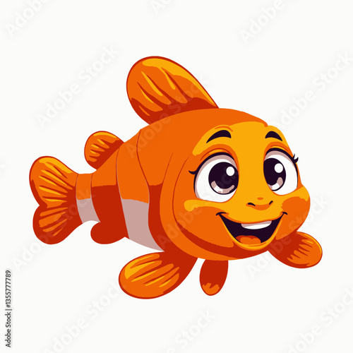 A cheerful cartoon fish with a yellow body and large blue fins, smiling brightly. The character features exaggerated eyes and a playful expression, perfect for children's illustrations, educational co