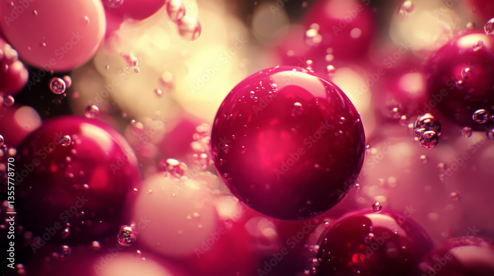 Vibrant red bubbles floating in liquid