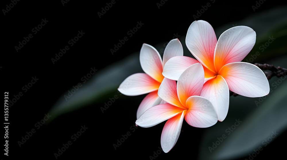 Fototapeta premium White and Red Plumeria Flowers on Dark Background
