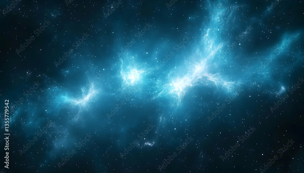 A stunning cosmic nebula illuminated by bright blue and white stars in a dark space background A stunning cosmic nebula illuminated by bright blue and white stars in a dark space background