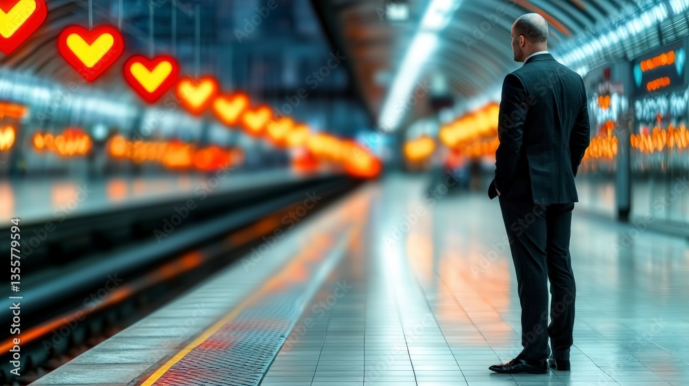 Fototapeta premium Businessman Waiting Subway Platform Heart Lights Urban Scene