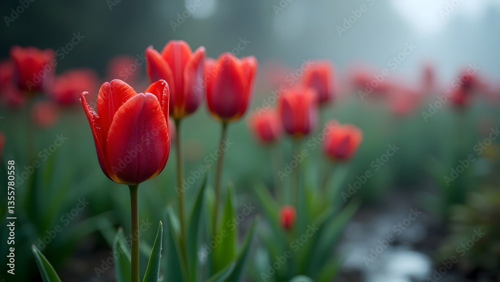 Red Tulips in Spring Mist Garden Bloom Photography Red Tulips in Spring Mist Garden Bloom Photography