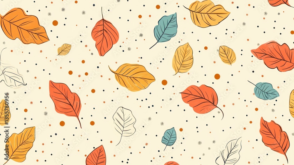 Autumnal leaf scatter pattern with pastel hues and artistic dots background Autumnal leaf scatter pattern with pastel hues and artistic dots background