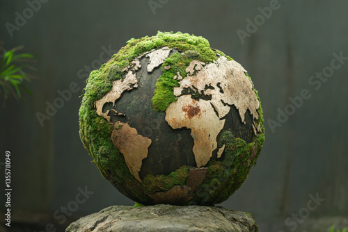 Arafed globe covered in moss sitting on the ground