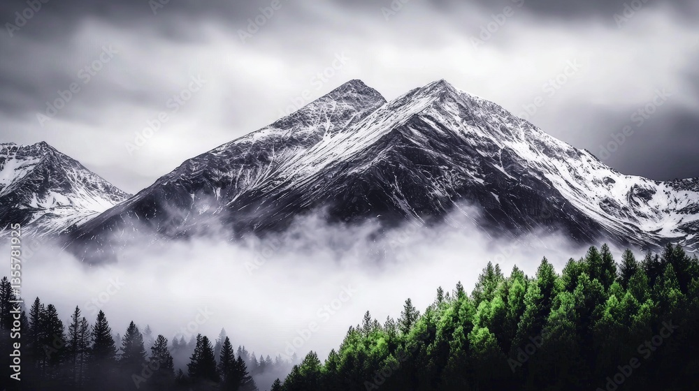 Obraz premium Majestic Snow Capped Alps Misty Mountain Peak Forest Landscape