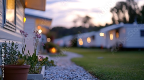 Evening tranquility: Serene mobile home park setting with soft bokeh lights