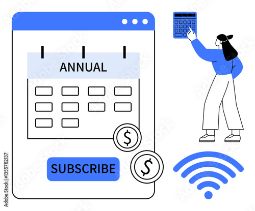 Annual calendar with subscribe button, coins, wireless signal, and person holding calculator. Ideal for budgeting, subscription, payment planning, technology finance saving money. Flat simple