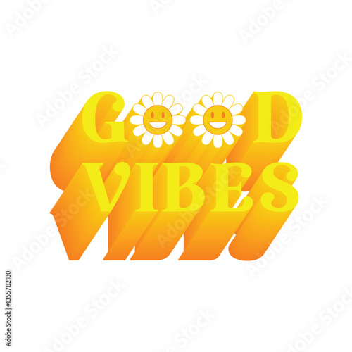 Groovy flowers with good vibes cartoon retro vintage isolated Hippie, peace, vector illustration