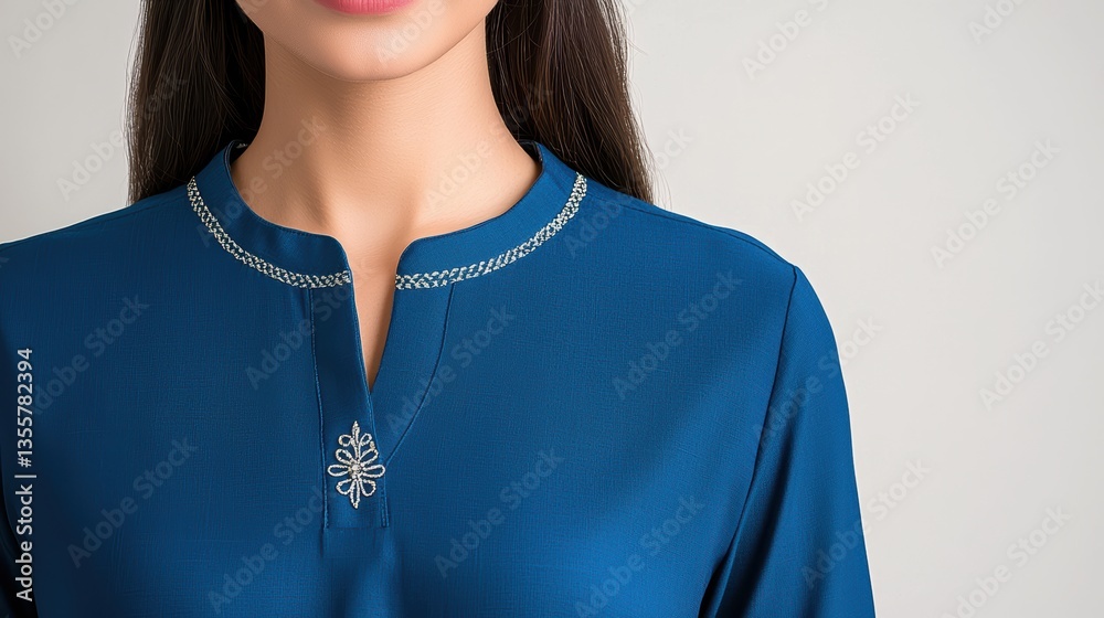 Royal blue kurta with silver embellishments, featuring intricate neckline embroidery and soft, elegant fabric Royal blue kurta with silver embellishments, featuring intricate neckline embroidery and soft, elegant fabric