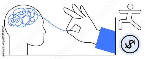 Hand untangling tangled brain lines to clarify thoughts, leading to success, movement, and financial growth. Ideal for problem-solving, mental clarity, innovation, motivation, progress financial