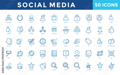 Social Media icon set with social media, profile, female, male, account, username, password, login, logout, follow icon. Simple outline color vector 
