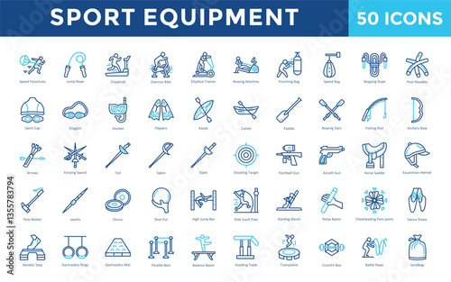 Sport equipment icon set with swim cap, goggles, snorkel, flippers, kayak, canoe, paddle, rowing oars, fishing rod, archery bow icon. Simple outline color vector 
