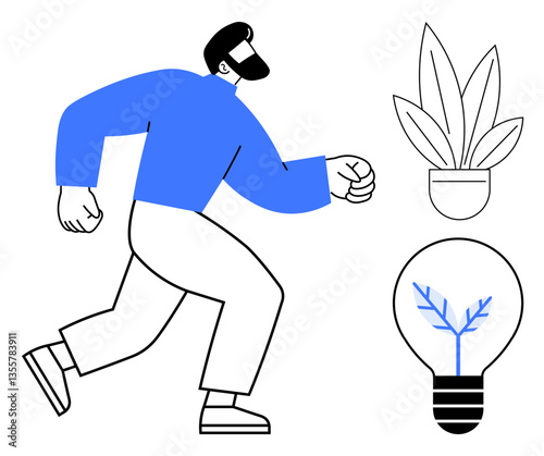 Bearded man in blue clothing walking, nearby small potted plant, lightbulb with blue leaf representing growth. Ideal for innovation, movement, growth, creativity, progress, nature integration
