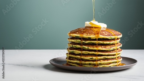 Stack of Zucchini Pancakes with Maple Syrup and Butter: Delicious, Healthy and Easy Breakfast Recipe for Weekends or Brunch.