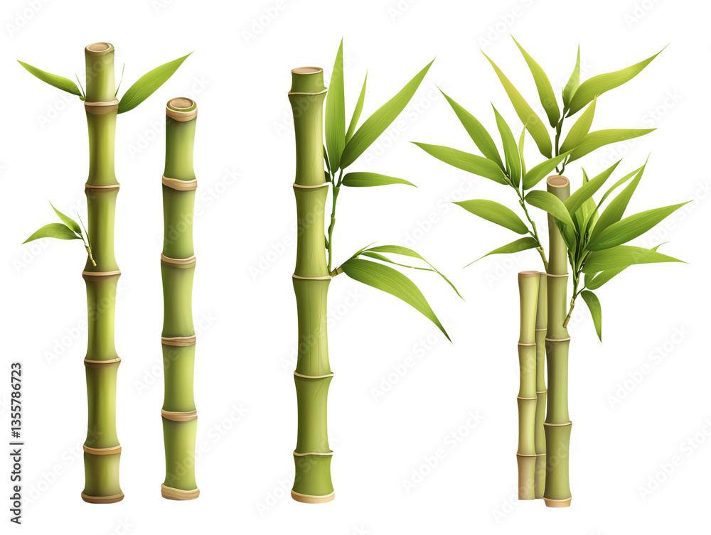 Fototapeta premium Lush Green Bamboo Plants Stems Leaves and Shoots Asian Botanical Illustration