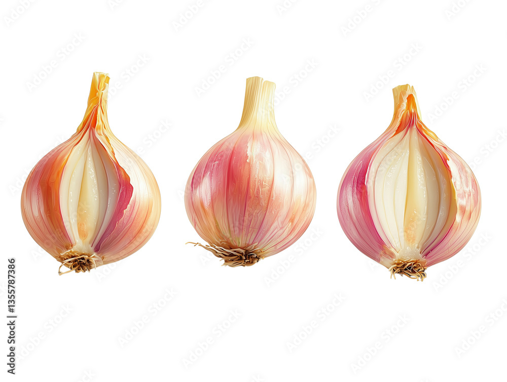 Obraz premium Three halved red onions isolated transparent background fresh produce culinary ingredient
