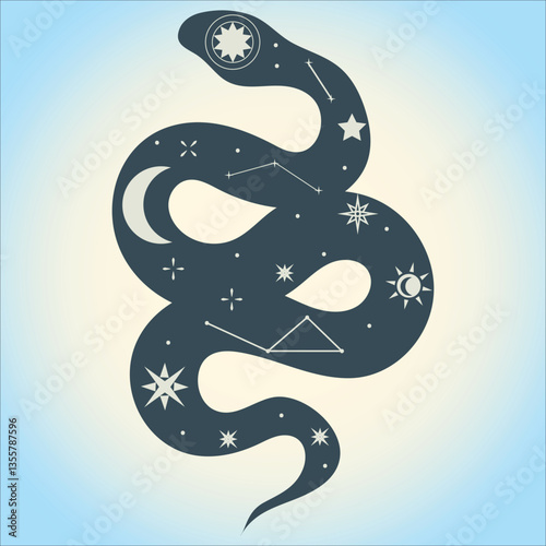 Celestial Snake Decorative Vector Set. Elegant snakes infused with celestial charm—moons, stars, and constellations twist along their bodies. Perfect for mystical and spiritual themes.