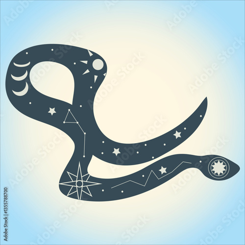 Celestial Snake Decorative Vector Set. Elegant snakes infused with celestial charm—moons, stars, and constellations twist along their bodies. Perfect for mystical and spiritual themes.