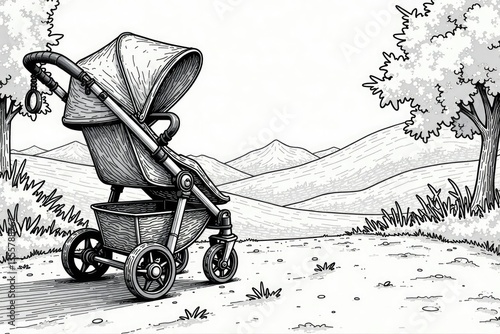 Intricate stroller line art, monochrome, bold lines, carriage, stroller