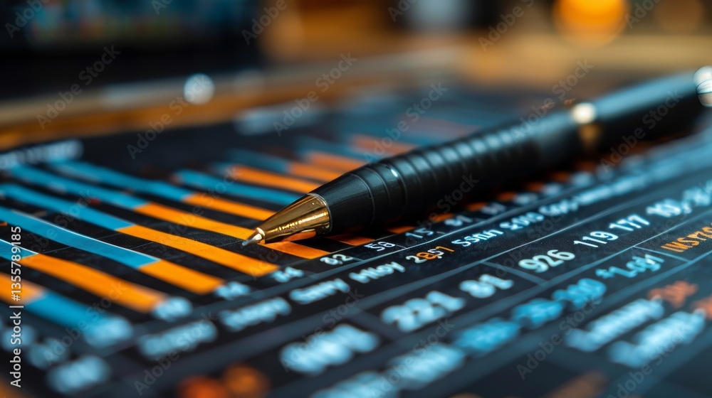 Financial Data Analysis Graph With Pen, Business Chart, Analytics, Statistics, Trading. Financial Data Analysis Graph With Pen, Business Chart, Analytics, Statistics, Trading.