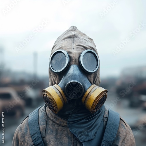 Person in Gas Mask Standing Amid Abandoned Vehicles in Foggy Atmosphere