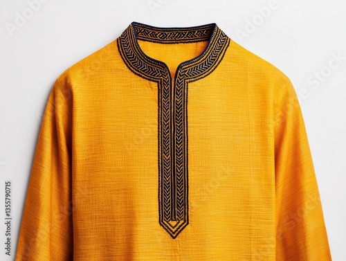 vibrant yellow traditional Indian men kurta with intricate black embroidery on neckline, made of cotton fabric