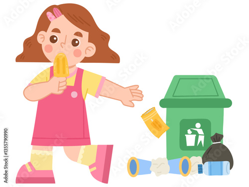 Illustration of a little girl littering