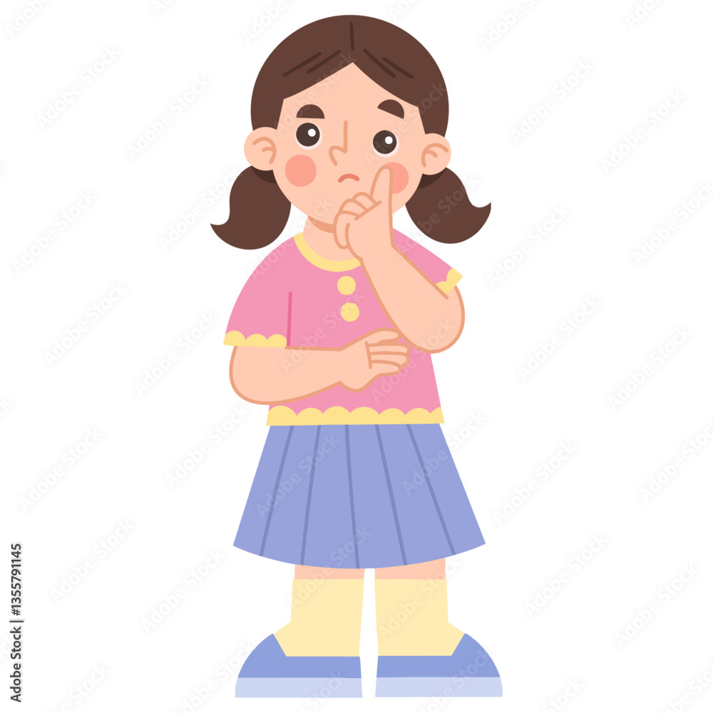 Illustration of Thoughtful Girl with Pigtails Illustration of Thoughtful Girl with Pigtails