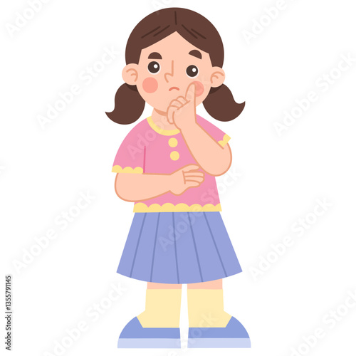 Illustration of Thoughtful Girl with Pigtails