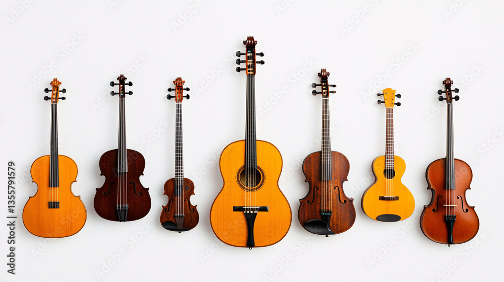 Naklejka premium Array of Stringed Musical Instruments Including Violins Guitar and Ukulele Artistic Composition