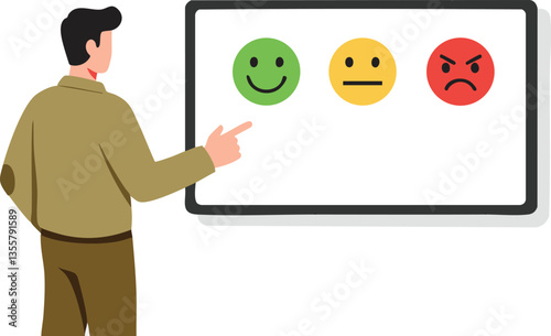 Civil servant presenting a board with emoticon-based satisfaction levels.