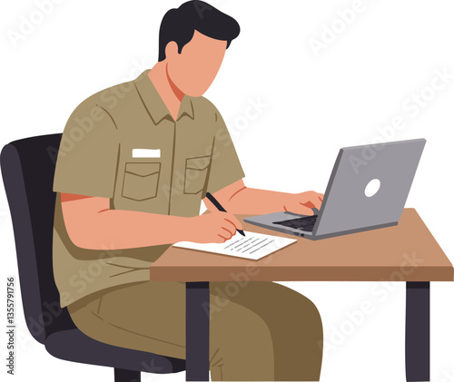 Employee typing report or document using a laptop on a wooden desk.