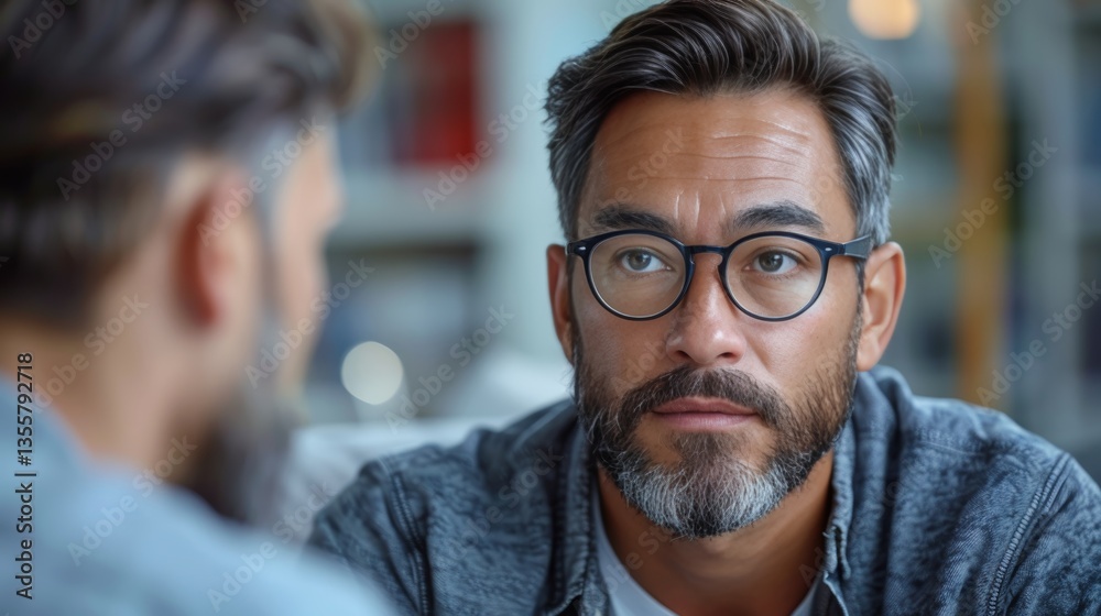 Obraz premium Serious Middle-Aged Man Listens Attentively To Person Off-Camera in Home Office Setting