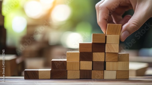 business development and growth success process concept, close up hand arranging wood block stacking, background with copy space 