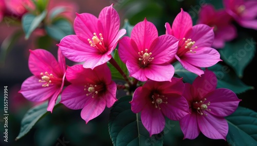 Bold fuchsia blossoms, swirling leaves, white accents , fabric, pattern design