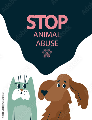 Prevention of Cruelty to Animals Month banner with sad dog vector illustration for support and charity campaign, raising awareness, adoption project, and help to stray animals