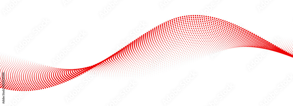Red dotted wave line pattern. Halftone undulate net background. Abstract flowing particle lattice wallpaper. Vector curved dash gradient element for poser, banner, presentation, booklet, brochure