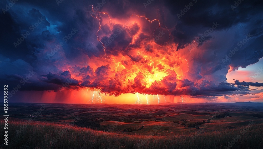 Obraz premium Fiery sunset sky ablaze with lightning strikes over a vast, rolling landscape. A dramatic display of nature's power.