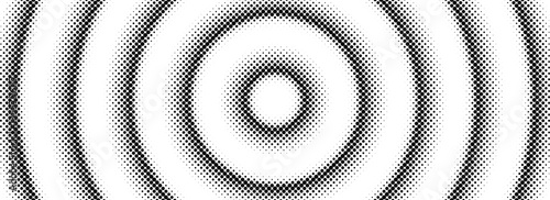 Halftone concentric circle background. Black and white dotted circular gradient. Radial comic texture. Grunge rough round pop art backdrop. Fading dots line epicenter wallpaper concept. Vector