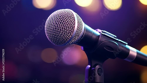 Close view of a microphone at a music venue during a live performance with colorful lighting effects